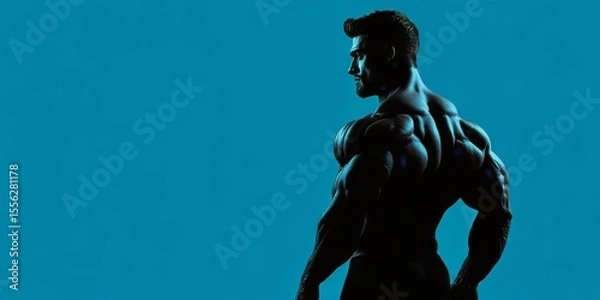 Obraz The silhouette shot displays the muscular man in an athletic pose, illuminated with dramatic studio lighting over a bold blue backdrop.