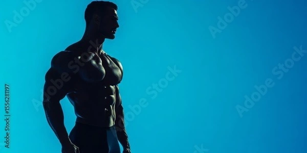 Obraz In this striking silhouette shot, the male figure demonstrates remarkable strength and fitness, set against a vivid blue background featuring side view elements creating an impressive visual impact.