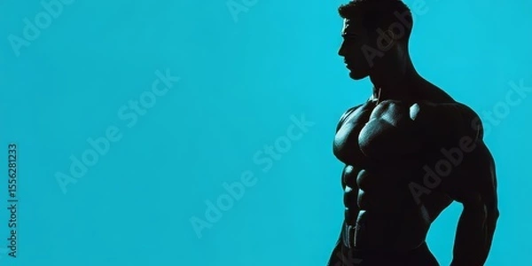 Obraz In this dramatic studio lighting setup, the silhouette of a bodybuilder stands out against the blue background, showcasing his muscular physique in an athletic pose.