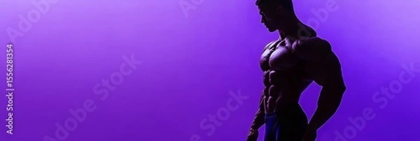 Obraz Muscular fitness model strikes a powerful pose against a vibrant purple backdrop, highlighting his athletic form and dramatic lighting.