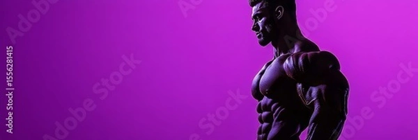 Obraz Strongly defined physique of a fitness model against a vibrant purple backdrop; dramatic lighting highlights his muscular silhouette in a dynamic profile view.