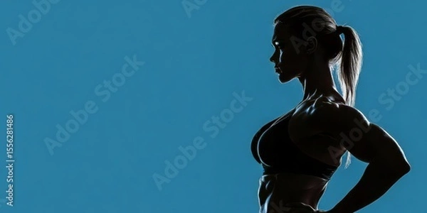 Obraz Woman athlete in gym session displaying powerful muscle pose against vibrant blue background, emphasizing strength and focus.