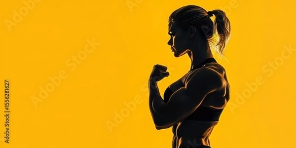 Obraz The dynamic pose of a muscular woman is captured dramatically by bold colors and high contrast lighting, emphasizing her strength in an intense fitness industry shoot.