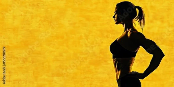 Obraz A powerful fitness model stands in a strong stance against a vibrant black background under golden hour light, showcasing her athletic body and dynamic pose.
