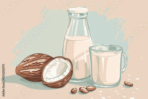 Obraz Vector illustration of coconut milk in a glass and bottle, split coconut  on a peach and blue backdrop