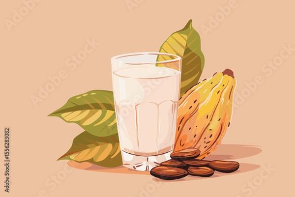 Obraz Vector illustration of cacao water in a glass and cacao fruit and beans with palm leaves on a peach backdrop