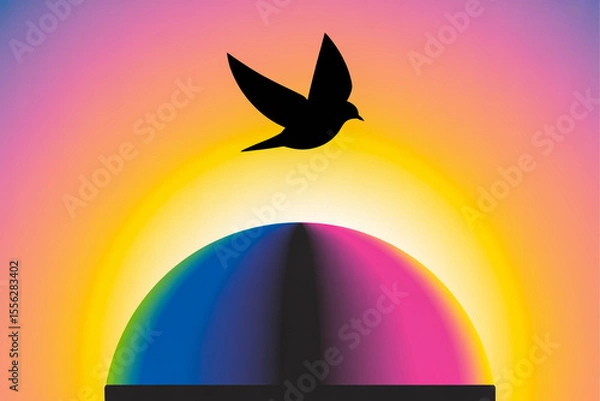 Obraz digital art composition featuring a black silhouette of a bird in flight against a vibrant gradient sky (1)