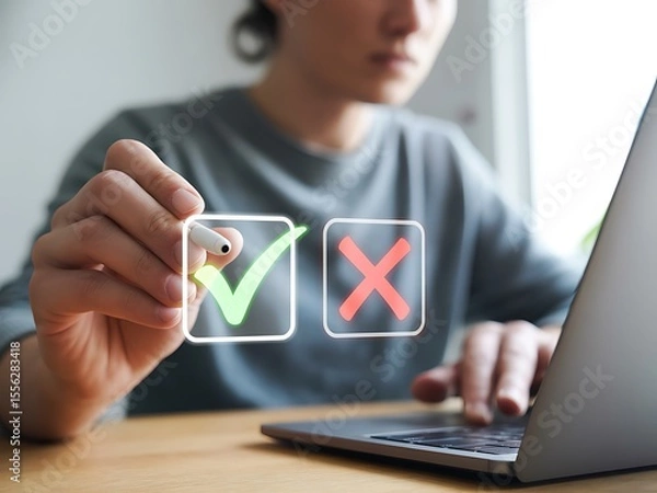 Fototapeta Focused Young Man Making Important Decisions, Choosing Between Right and Wrong, Success and Failure, Yes or No, Using Digital Checkmarks on Laptop