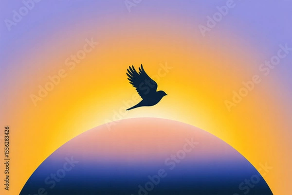 Obraz digital art composition featuring a black silhouette of a bird in flight against a vibrant gradient sky (1)