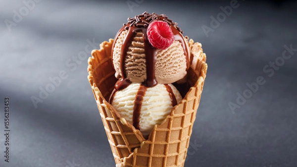 Obraz Drizzled Delight Gourmet Ice Cream Cone in Dramatic Light (1)