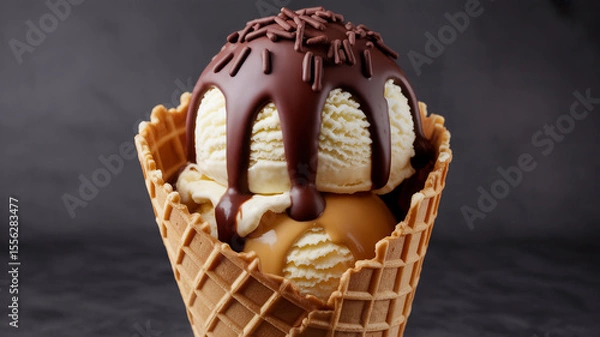 Obraz Drizzled Delight Gourmet Ice Cream Cone in Dramatic Light (1)
