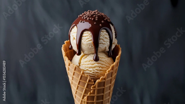 Obraz Drizzled Delight Gourmet Ice Cream Cone in Dramatic Light (1)