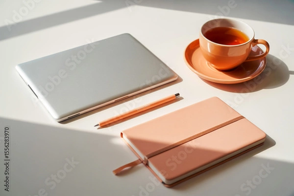Obraz Peach & Paper A Calm Workspace in Pastel Tones