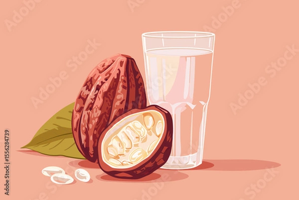 Obraz Vector illustration of cacao water in a glass and half of cacao fruit with palm leaves on a peach backdrop