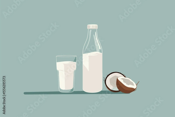 Obraz Vector illustration of coconut milk in a glass and bottle, split coconut on blue backdrop