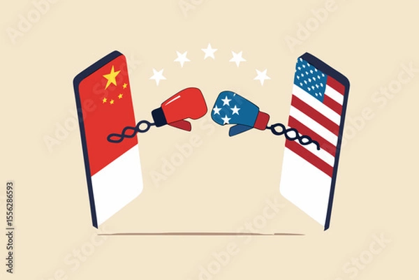 Fototapeta United States and China technology war, 2 countries compete to be leader of tech company, cold war sanctions and tariff concept, digital mobile phone with US and China flag fighting with boxing gloves