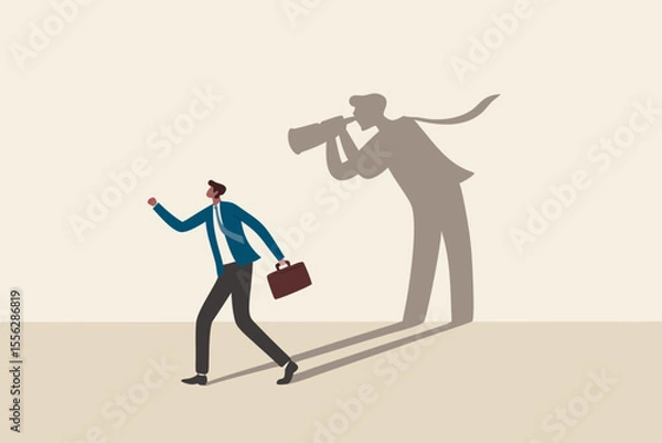 Fototapeta Internet stalker, espionage, online advertising tracking and follow users, spyware, safety, security and privacy issue concept, businessman walking with shadow using spyglass binocular stalking him.