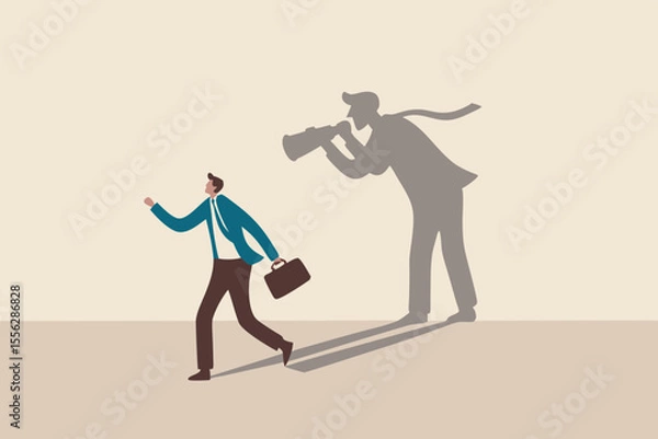 Fototapeta Internet stalker, espionage, online advertising tracking and follow users, spyware, safety, security and privacy issue concept, businessman walking with shadow using spyglass binocular stalking him.