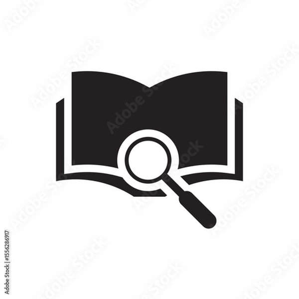 Fototapeta Book search icon. Open book with magnifier, symbolizing research, library, or e-learning.