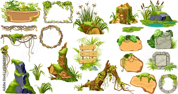 Obraz Wooden and stones signboards with swamp moss, forest lichen, stumps, logs, frames, lianas, mushrooms. Set of 3d objects for messages, banners, notebooks, mobile games. Vector cartoon illustration.