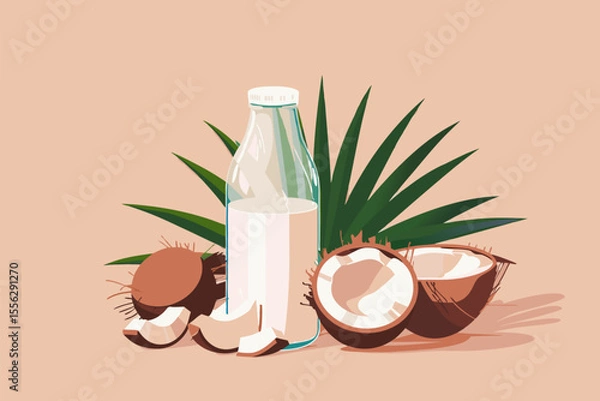 Obraz Vector illustration of coconut milk in a glass and bottle, split coconut, with palm leaves on a peach backdrop