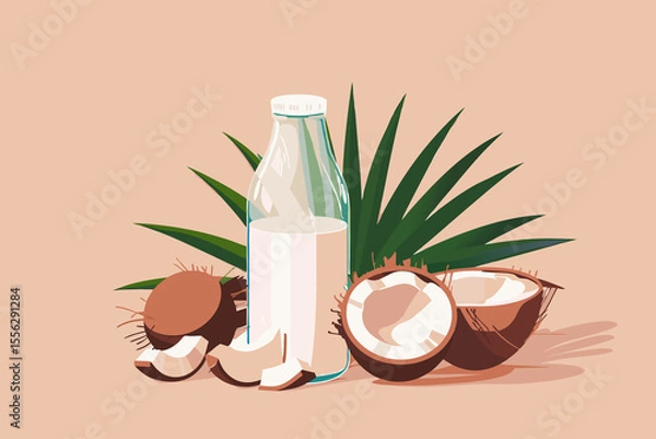 Obraz Vector illustration of coconut milk in a glass and bottle, split coconut, with palm leaves on a peach backdrop