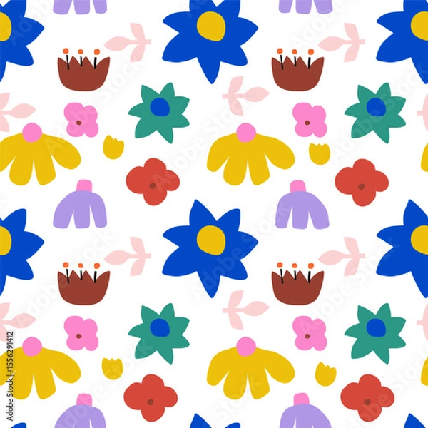 Obraz Seamless hand drawn floral pattern with abstract flowers. Botanical creative texture herbaria, design for fabric, apparel, digital papers. Vector background illustration