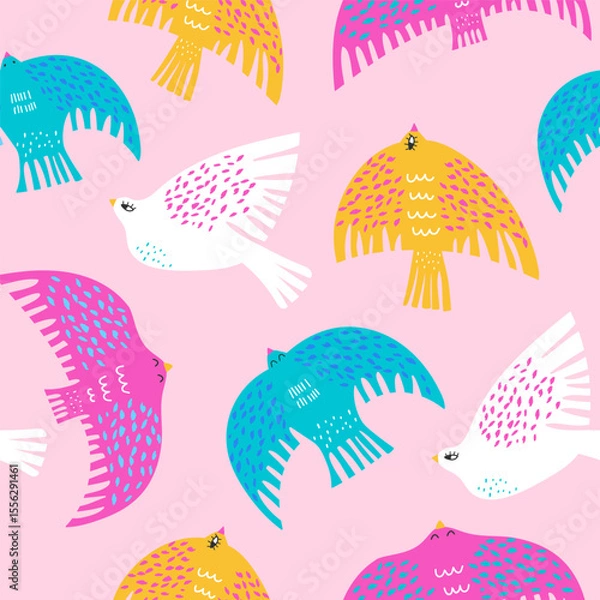 Obraz Seamless pattern with Scandinavian style bold colorful birds. Creative cartoon bird texture. Great for fabric, textile Vector Illustration
