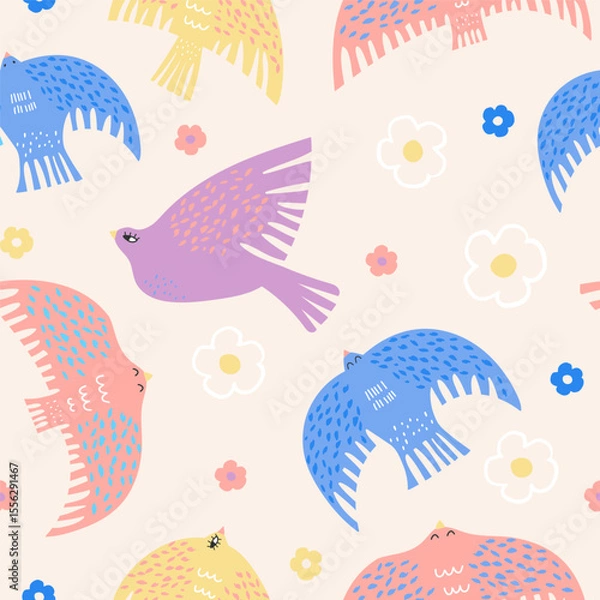 Obraz Seamless pattern with Scandinavian style bold colorful birds. Creative cartoon flowers and bird texture. Great for fabric, textile Vector pastel background Illustration