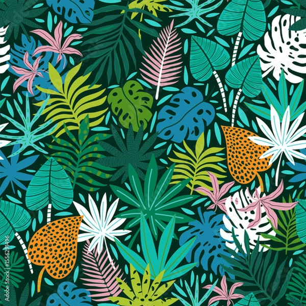 Obraz Seamless pattern palm branch and tropical background. Creative colorful and green jungle floral texture. Great for fabric, textile Vector Illustration