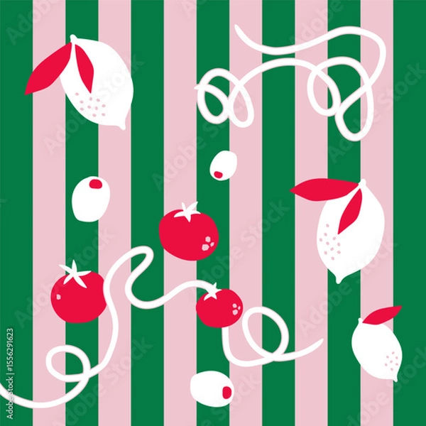 Obraz Illustration in Italy style with striped green pink background and lemon, tomatoes and pasta elements. Vector backdrop.