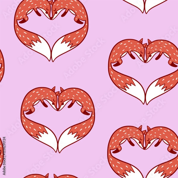 Obraz Cartoon foxes in heart shape childish seamless pattern design. Vector illustration.