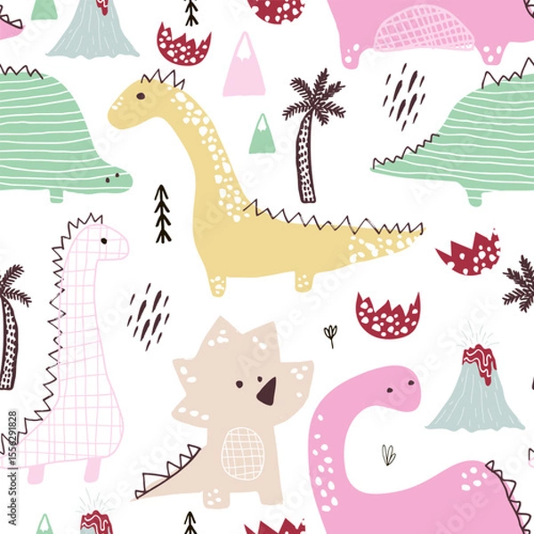 Obraz Childish seamless pattern with hand drawn Dino in Scandinavian style. Creative pastel vector childish background for fabric, textile