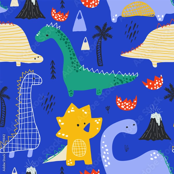 Obraz Childish seamless pattern with hand drawn Dino in Scandinavian style. Creative bright vector childish background for fabric, textile
