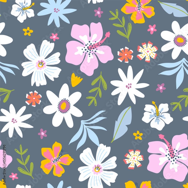 Obraz Seamless pattern with summer tropical flowers. Jungle florals, leaves texture. Vector illustration.