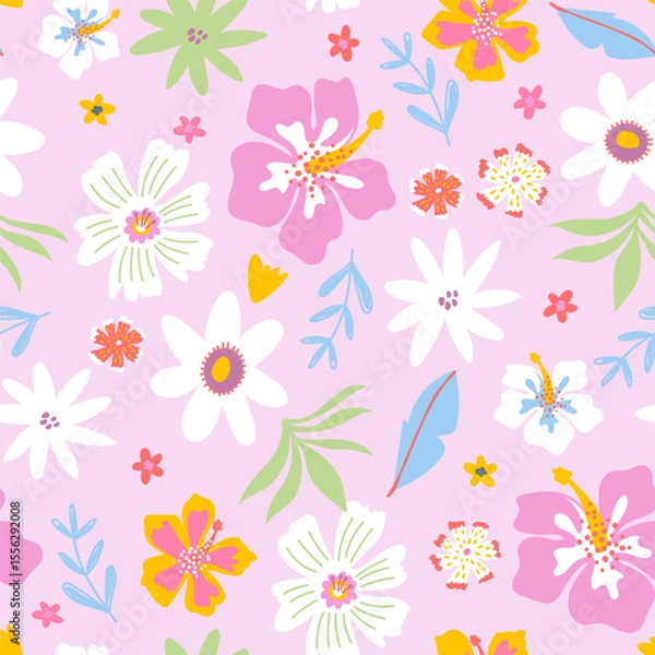 Obraz Seamless pattern with summer tropical flowers. Jungle pastel pink florals, leaves texture. Vector illustration.