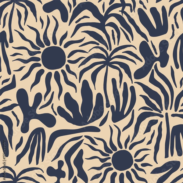 Obraz Seamless abstract pattern with sun, palm tree, leaves. Summer tropical monochrome texture. Vector illustration.