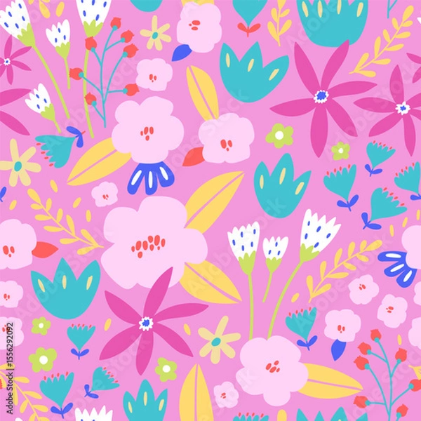 Obraz Seamless botanical pattern with abstract flowers. Bright floral pink summer background. Vector texture for fabric, wallpapers, apparel, textile