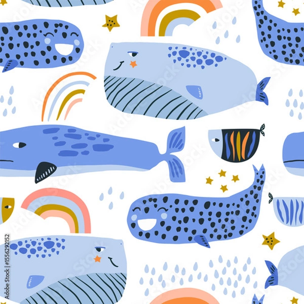 Obraz Childish seamless pattern with whales, rainbows and undersea animals. Marine cartoon creatures background for fabric, textile, digital papers. Vector illustration