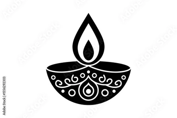 Fototapeta Stylized diya lamp with flame and ornate design silhouette