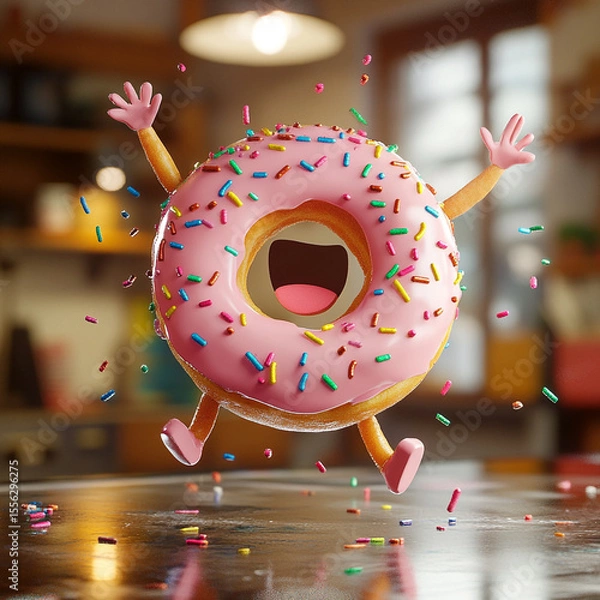 Fototapeta Enthusiastic Donut: A lively donut character, complete with a sugary pink glaze and rainbow sprinkles, leaps in joy, arms outstretched and a big, happy smile