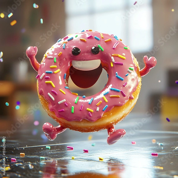 Fototapeta Joyful Sprinkled Donut: A lively, charming donut with a pink frosted glaze and colorful sprinkles comes to life, with an ecstatic expression and animated features.