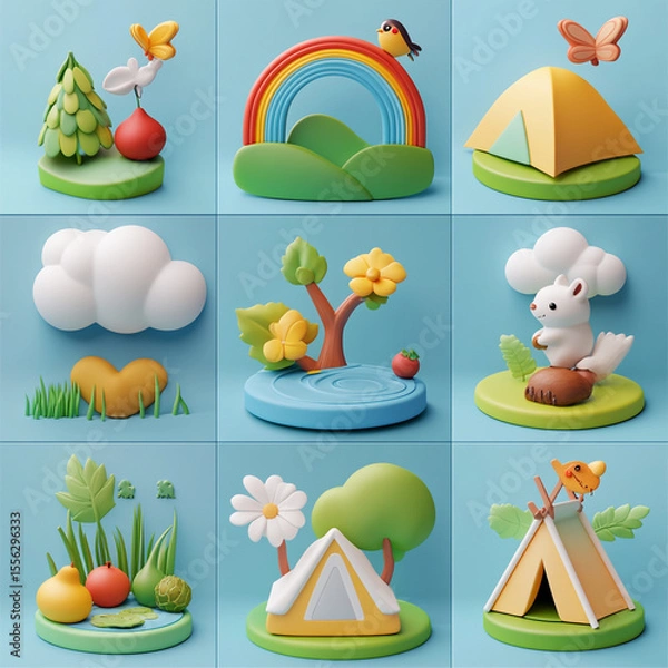 Fototapeta Cute Camping Theme 3D Render: Adorable 3D render of a camping theme featuring cute animals, rainbow, trees, tent, and clouds. Perfect for children's book illustration, website design.