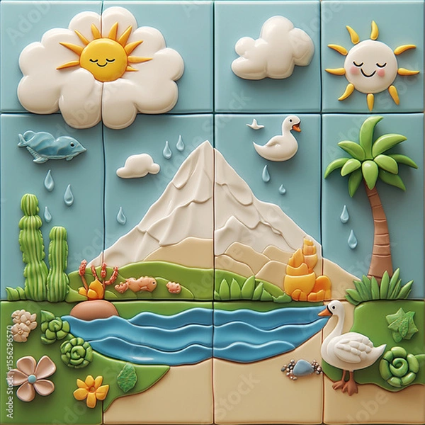 Fototapeta Enchanting Tile Landscape: A whimsical landscape unfolds across a grid of tiles, showcasing a vibrant scene with a smiling sun, fluffy clouds, playful rain, serene lake, majestic mountain, lush trees.