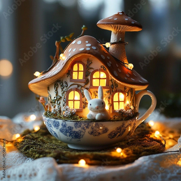 Fototapeta Enchanted Mushroom House: A whimsical mushroom house nestled in a teacup, illuminated by warm fairy lights, with a cute bunny rabbit peeking out.