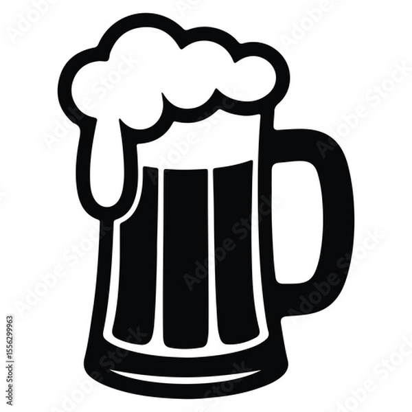 Fototapeta Vector silhouette of beer mug with frothy foam, black and white beer glass icon for bar, pub or Oktoberfest design