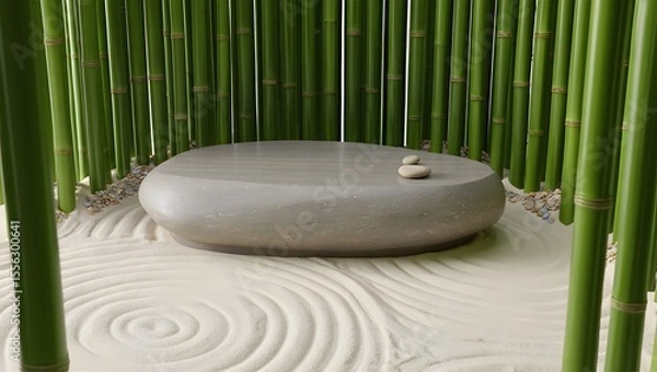 Fototapeta Tranquil spa stones and bamboo create a serene still life, embodying nature's balance and promoting relaxation, health, and beauty