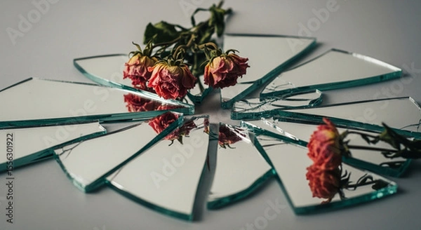 Fototapeta Shattered Reflection Withered Roses on Broken Mirror