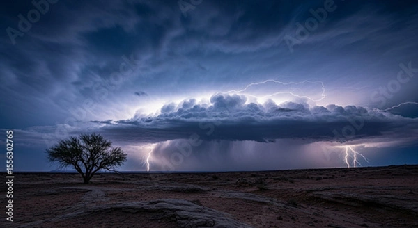 Fototapeta Mesmerizing Lightning Storm Over Lone Tree in Desert Landscape