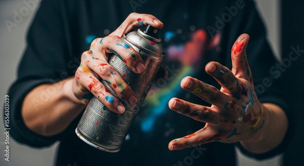 Fototapeta Close-up of Hands Holding a Spray Paint Can, Covered in Colorful Paint Splatter